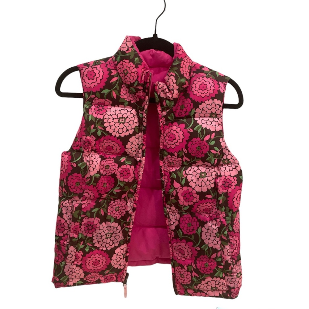 Lilly Pulitzer Pink Floral Reversible Down Puffer Mid Length Vest